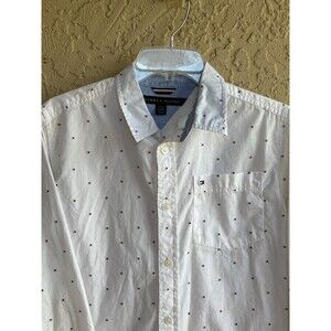 Tommy Hilfiger White Logo Polka Dot Woman Classic Large Dress Shirt 100% Cotton